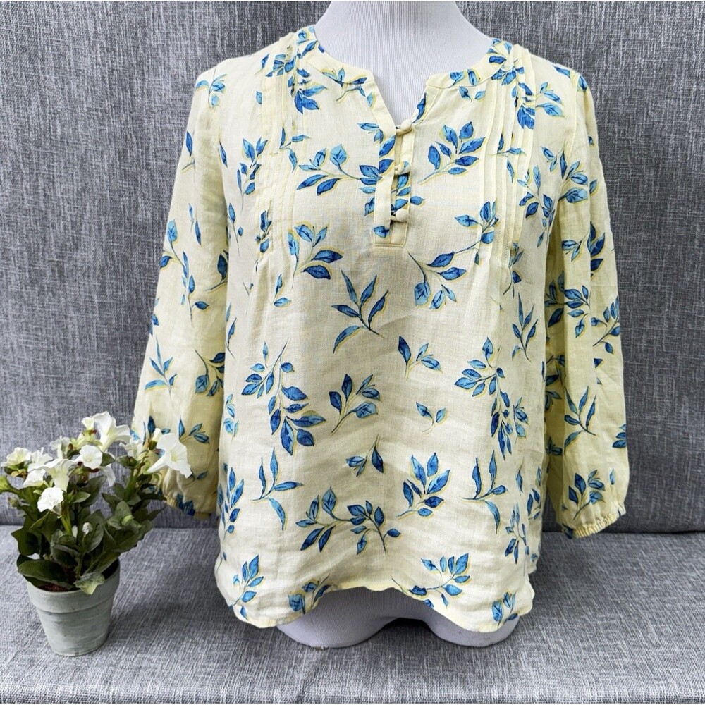 J. Jill Love Linen Blouse XS Petite PTP 20 Yellow Floral Pintuck Keyhole Top
